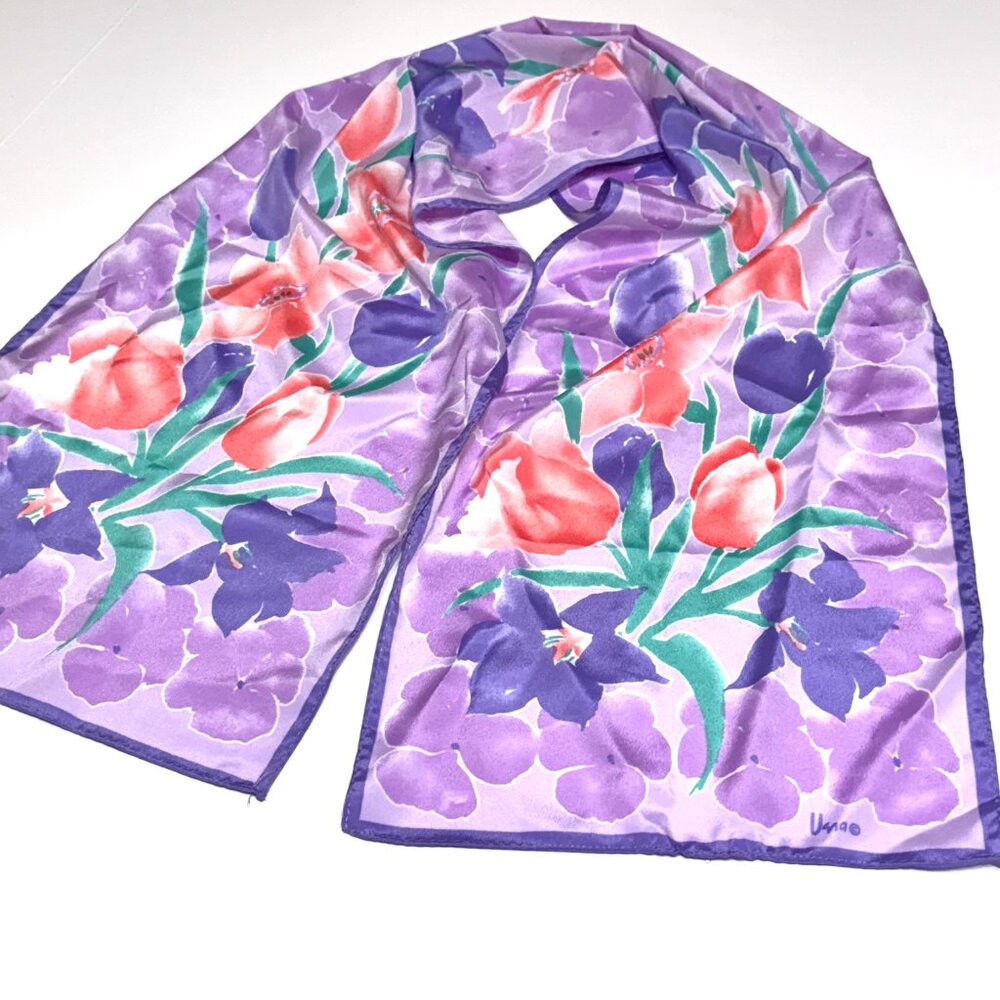 Vtg Vera Neumann Floral Silky Rectangle Scarf Tulips Purple Pink Large Scale - Picture 4 of 7